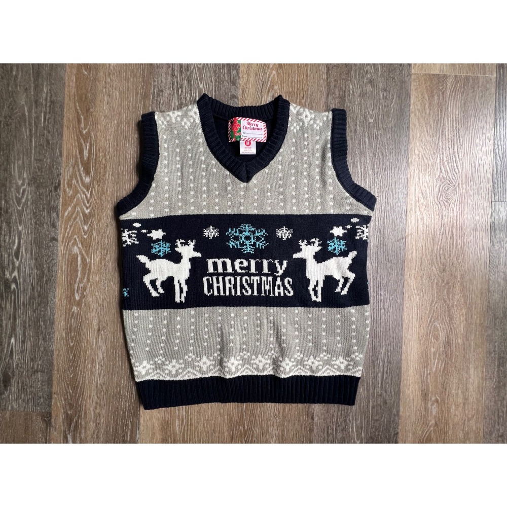 Merry Christmas Sweater Vest Mens Medium Blue Reindeer Snowflake V-Neck Knit